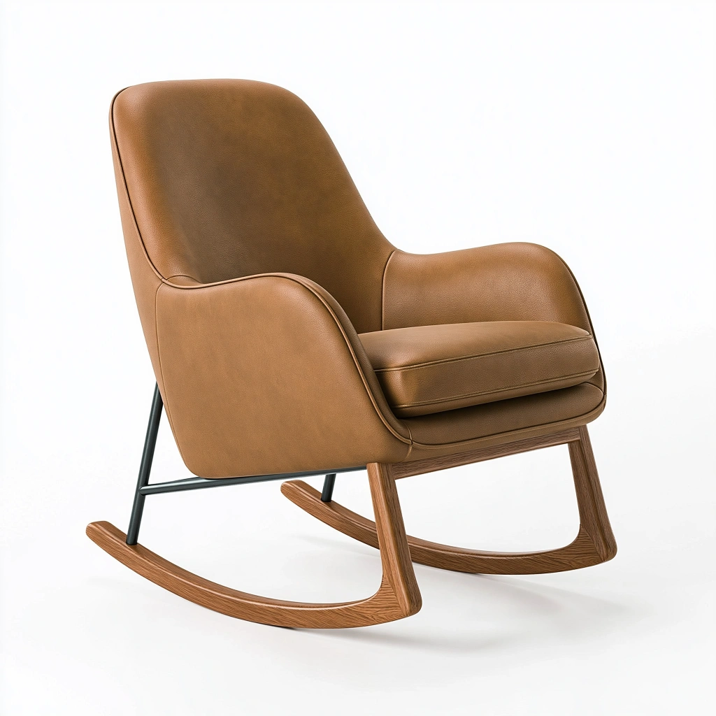 Schaukelstuhl 75 x 95 x 102 cm in Cognacbraun mit Lederoptik Holzgestell und hoher Rückenlehne