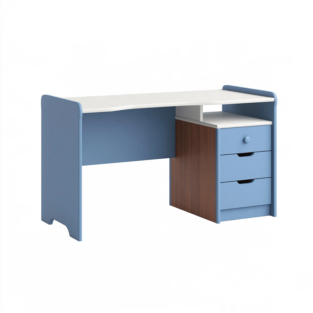 Schreibtisch 120 x 60 x 75 cm aus Holzwerkstoff Blau Weiß Walnussbraun mit 3 Schubladen