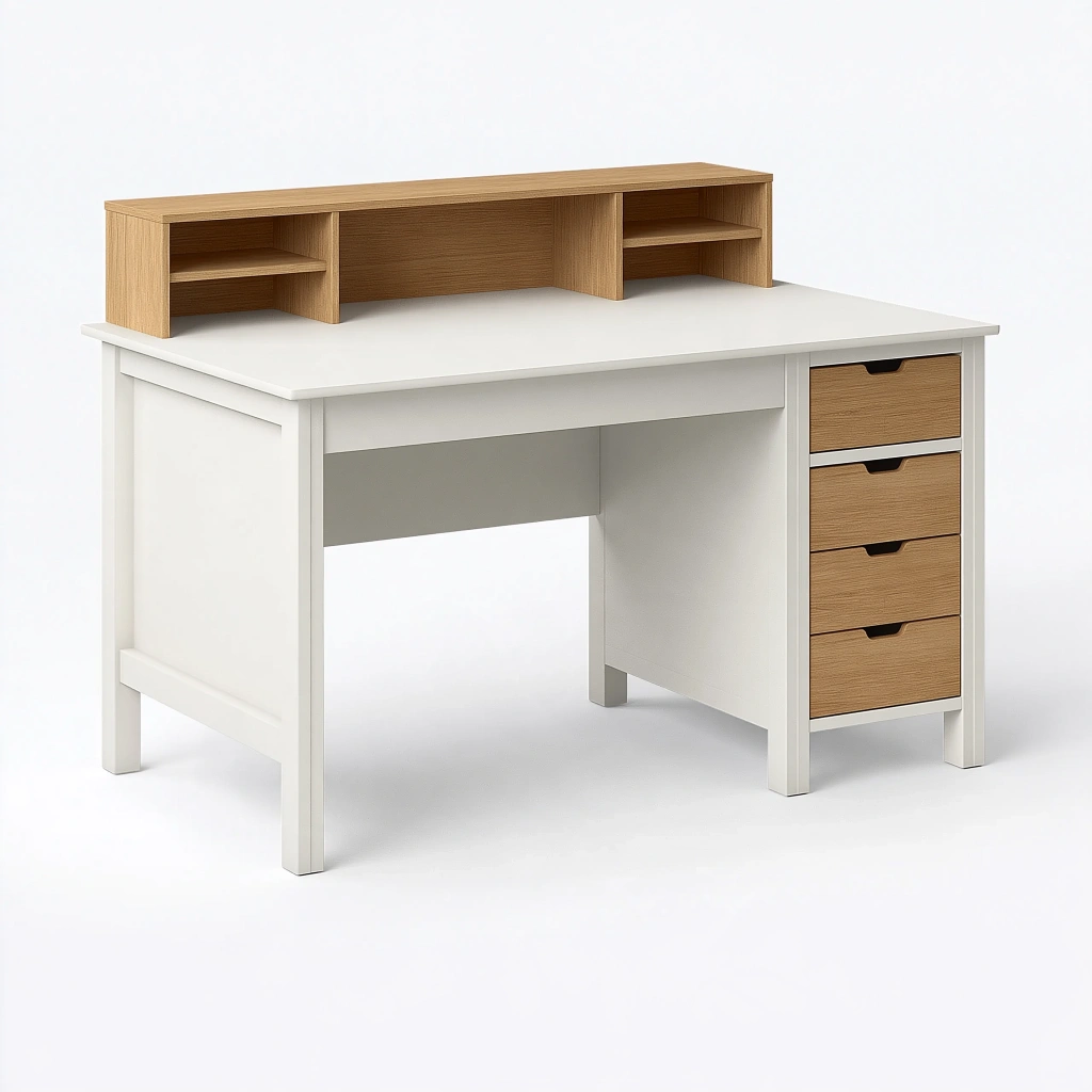 Schreibtisch 120 x 60 x 92 cm aus Holz Weiß Eichefarben mit 4 Schubladen und Aufsatz im modernen Stil