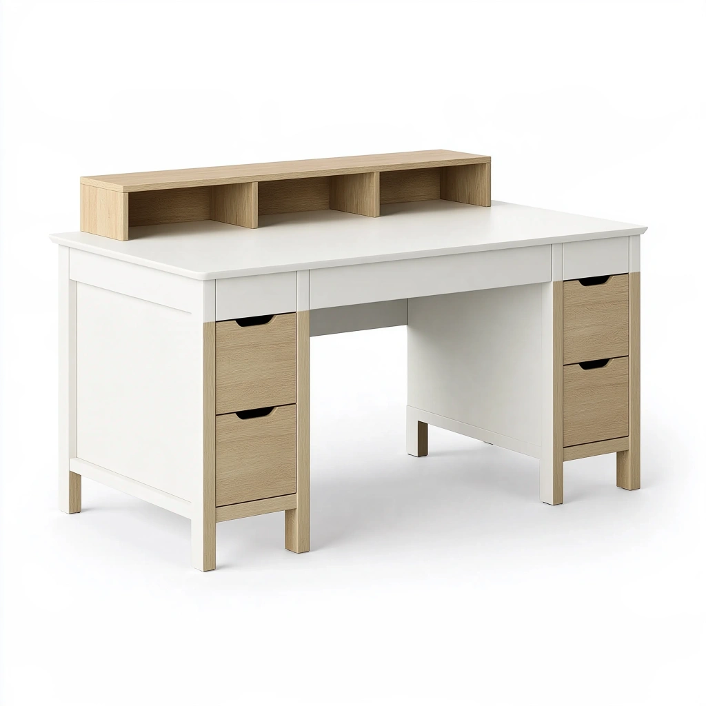 Schreibtisch 120 x 60 x 90 cm Weiß Naturholz - Holzwerkstoff mit 5 Schubladen und Aufsatzablage