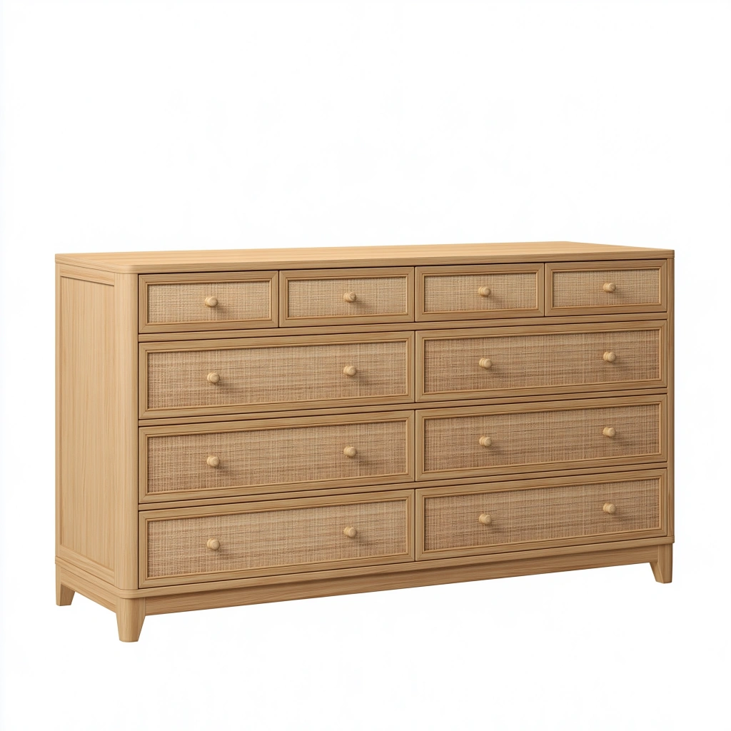 Kommode 160 x 45 x 90 cm aus Holz in Natur mit Rattangeflecht und 10 Schubladen