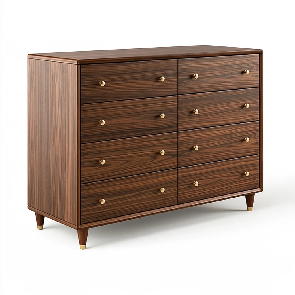 Kommode 150 x 45 x 95 cm aus Holz in Dunkelbraun mit 8 Schubladen im Mid-Century-Stil