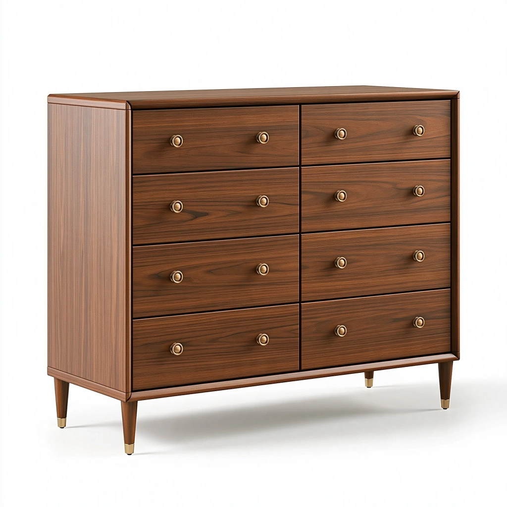 Kommode 140 x 45 x 100 cm aus Holz in Walnussbraun mit 8 Schubladen im Mid-Century-Stil