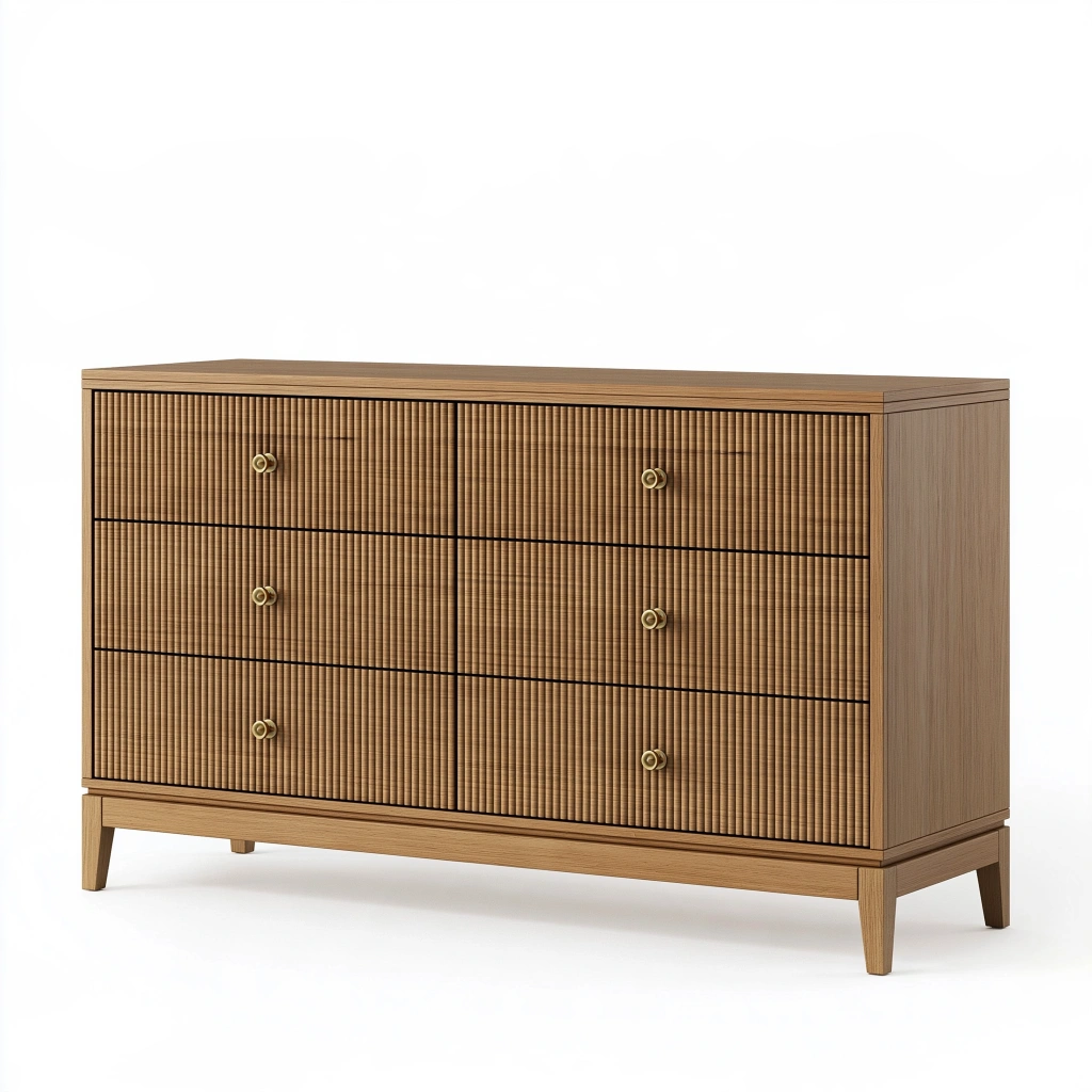 Kommode 140 cm Holz Hellbraun mit 6 Schubladen im Retro-Stil