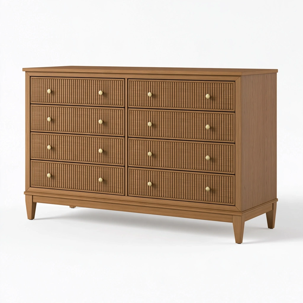 Kommode 160 x 45 x 95 cm in Naturbraun mit geriffelten Holzfronten und 8 Schubladen