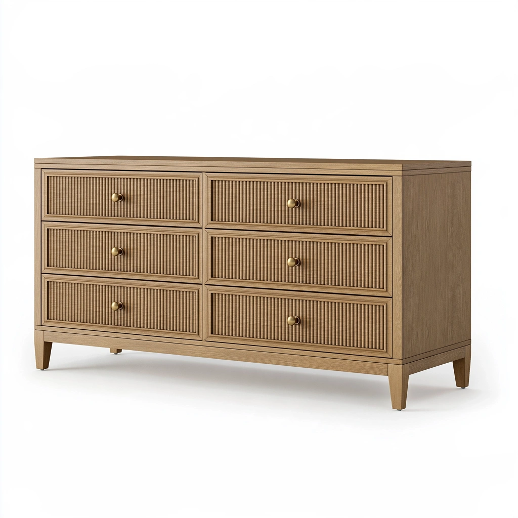 Kommode 140 x 45 x 80 cm aus Holzwerkstoff in Eichenoptik mit 6 Schubladen im geriffelten Stil