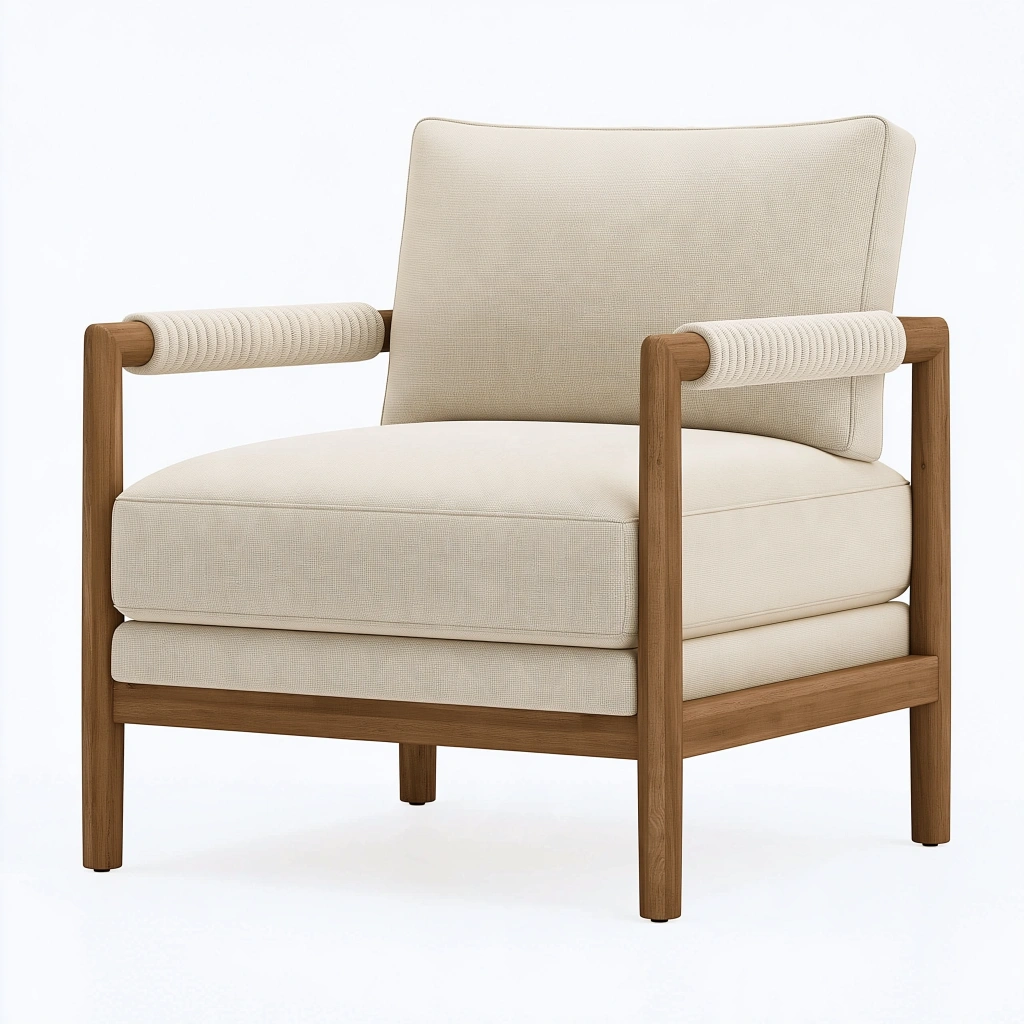 Sessel 78 x 82 x 84 cm Holzgestell Beige Natur gepolstert mit Seilarmlehnen