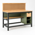 Werkbank 120 x 60 x 140 cm aus Bambus und Stahl in Naturgrün mit Lochwand und Schublade