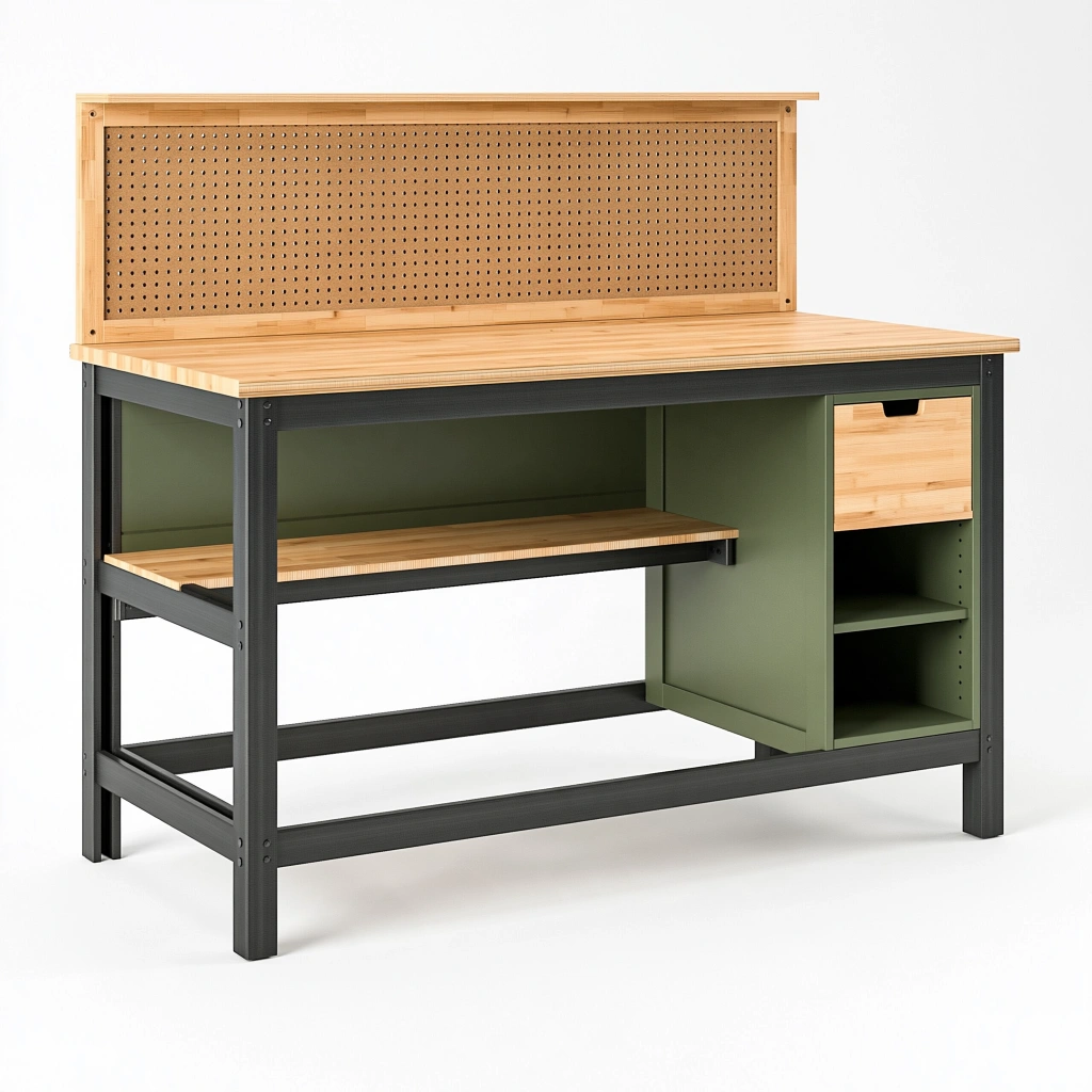 Werkbank 120 x 60 x 140 cm aus Bambus und Stahl in Naturgrün mit Lochwand und Schublade