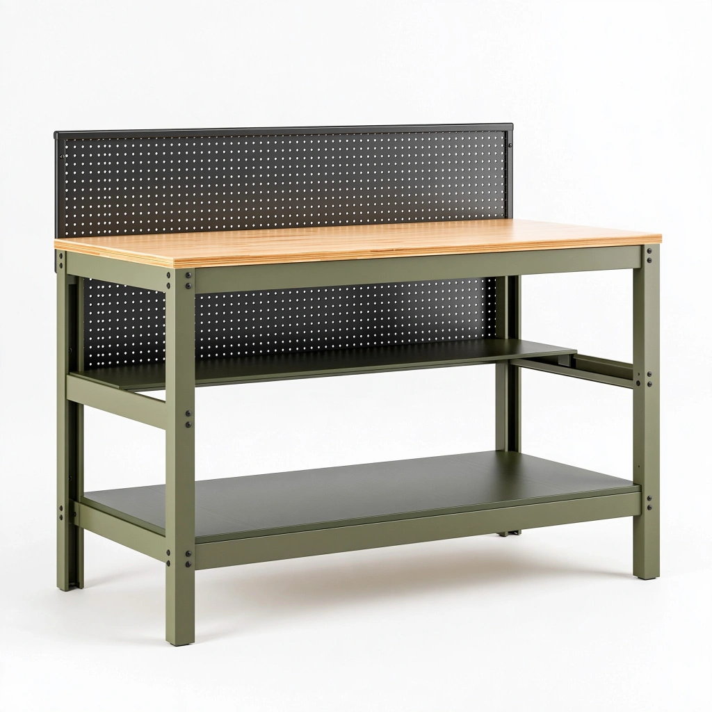 Werkbank 120 x 60 x 150 cm aus Stahl und Holzwerkstoff in Olivgrün mit Lochwand und Ablagen